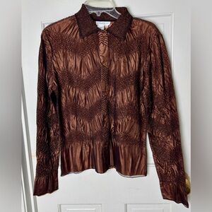 Coldwater Creek Bronze Mesh Overlay Metallic Crinkle Blouse Button Down M